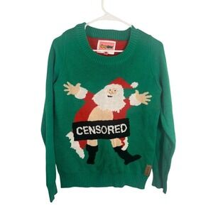 Tipsy Elves Men Med Censored Santa Ugly Christmas Sweater Green‎ Holiday Festive